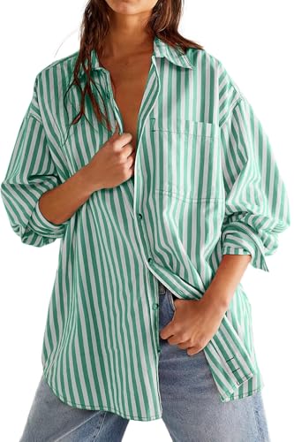CHYRII Women's Striped Button Down Long Sleeve Blouse - color: Green, size: XX-Large