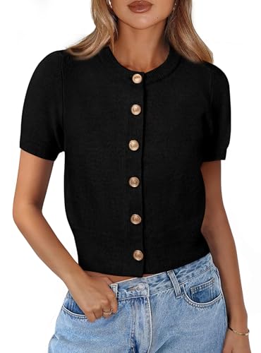 PRETTYGARDEN Womens Summer Cardigan Short Sleeve Sweater - color: Black, size: X-Large