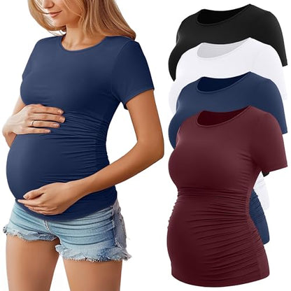 Huukeay 4 Pack Women's Short Sleeve Maternity Tops - color: Black, Wine Red, White, Navy Blue, size: Medium