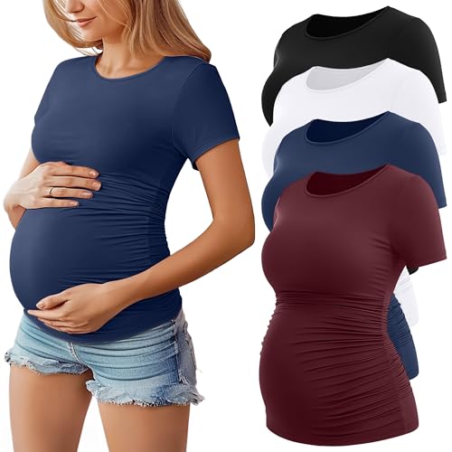 Huukeay 4 Pack Women's Short Sleeve Maternity Tops - color: Black, Wine Red, White, Navy Blue, size: XX-Large