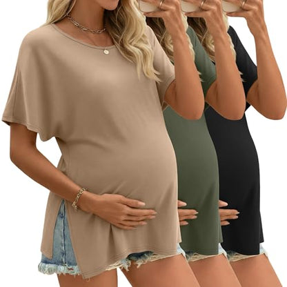 Riyiper 3 Pack Women's Maternity Tunic Cotton Shirts - color: Khaki, Army Green, Black, size: Large