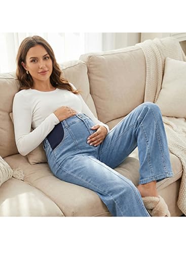 BLENCOT Women's Maternity Jeans High Waist Side Panel Wide Leg Denim Pants - color: Iceland Blue, size: Medium