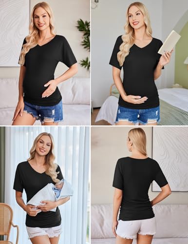 Ekouaer 3 Pack Maternity Shirts V Neck Pregnancy Tops Tunic Blouse Summer - color: Black/Grey/Stripe, size: Large