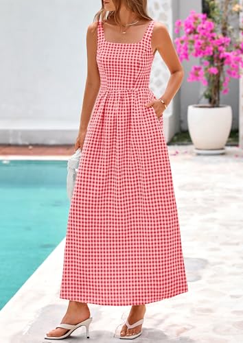 PRETTYGARDEN Women's Summer Gingham Maxi Long Dress - color: Brilliant Red, size: Large