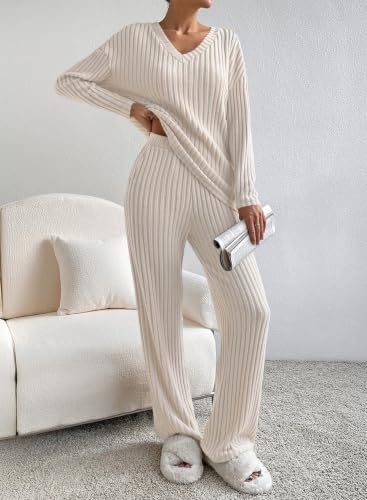 SHEWIN Women's Pajama Sets Ribbed Knit 2 Piece Lounge Sets - color: B Khaki, size: XX-Large