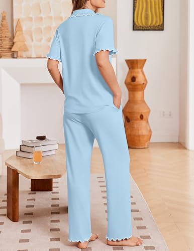 Ekouaer Womens Pajama Sets Short Sleeve Printed PJs Button Down Sleepwear - color: Light Blue, size: XX-Large