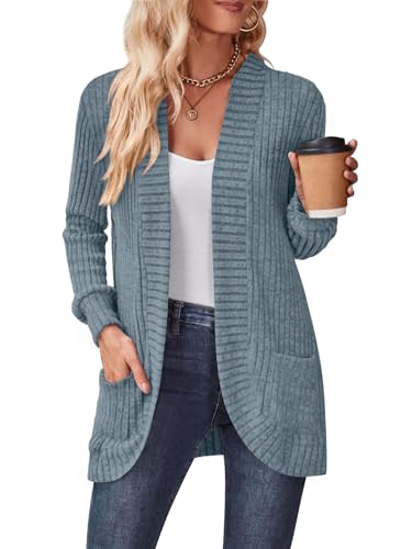 DB MOON Womens Long Cardigan Sweater Lightweight Open Front Long Sleeve Outfits with Pockets - color: Blue, size: Medium