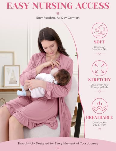 Maternity Nursing Gown & Robe Set, Ruffle Labor Delivery Nightgowns - color: Dusty Rose, size: Large