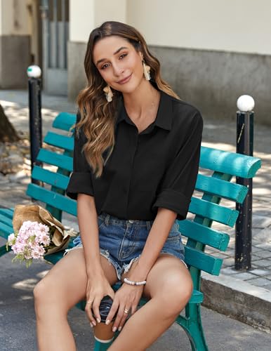 Zeagoo Womens Button Down Shirts Long Sleeve Casual Cotton Gauze Tops - color: Black, size: XX-Large