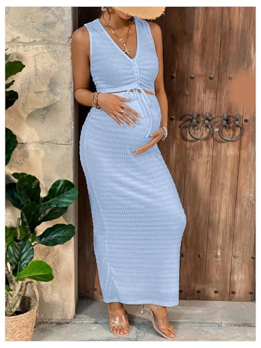 Milumia Women's Maternity 2 Piece Outfits Tank Top Bodycon Maxi Skirt Sets - color: Light Blue, size: Large