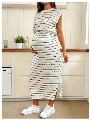 SHENHE Women's Maternity Striped Drawstring Tie Waist Slit Maxi Dresses - size: XX-Large
