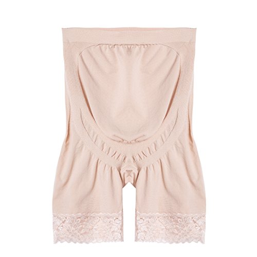 “Baby Bump” Premium Maternity Underwear, High Waisted Mid-Thigh Pregnancy Panty Prevent Chaffing - color: Beige, size: Medium