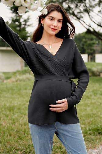 OUGES Womens Soft Cotton Blend Maternity Sweater Wrap V Neck Long Sleeve V Back Fall Shirts Pregnancy Outfits with Belt - color: Black, size: XX-Large