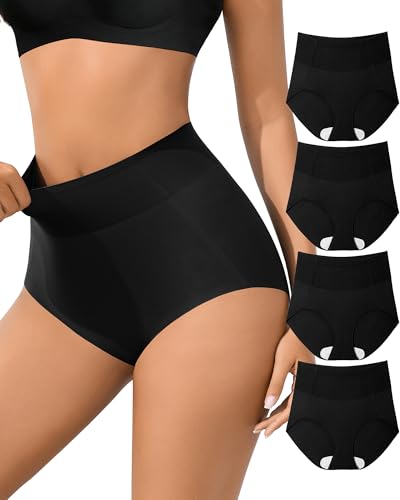 Eiggam Womens Tummy Control Underwear High Waisted Panty Full Coverage Ice Silk Briefs No show Shapewear Underwear Pack - color: Black A-4 Pack, size: Large