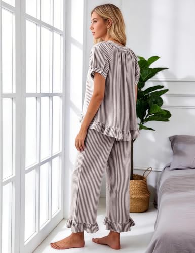 Flygo Womens Striped Pajama Sets Cotton 2 Piece Ruffle Lounge Pjs - color: Coffee, size: Medium