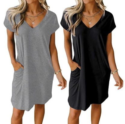 Ekouaer Womens 2 Pack Nightgown with Pockets Short Sleeve Night Shirts - color: Black and Dark Grey, size: 3X-Large