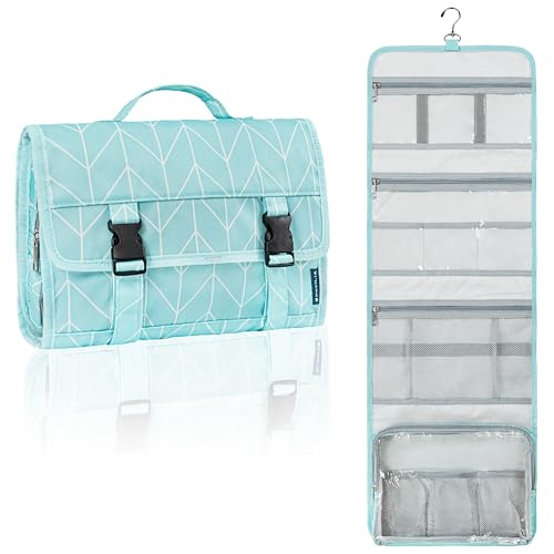 PAVILIA Travel Hanging Toiletry Bag for Women Men, Large Capacity Makeup Bag Kit, Waterproof Cosmetic Storage Organizer Case for Bathroom Shower - color: Teal Chevron, size: Extra Large