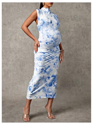 OYOANGLE Women's Maternity Floral Mock Neck Ruched Midi Dress - color: Blue, size: XX-Large