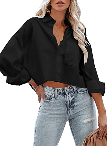 LAYOGAS Womens Crop Button Down Shirts Casual Long Sleeve Lapel Blouse - color: 02-black, size: Medium