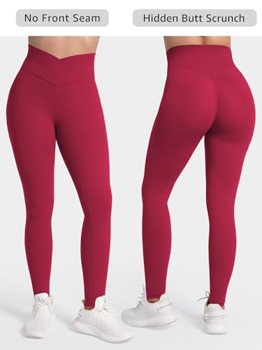 Sunzel Women's High Waisted Crossover Waist Butt Lifting Workout Leggings - color: Scarlet Red, size: Medium