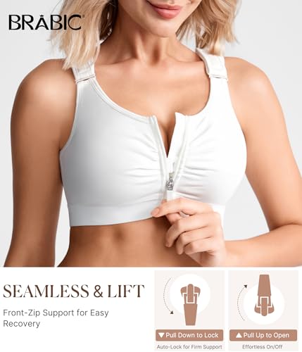 BRABIC Zip Front Closure Everyday Bras for Women Post Sugery Compression - color: White, size: X-Large