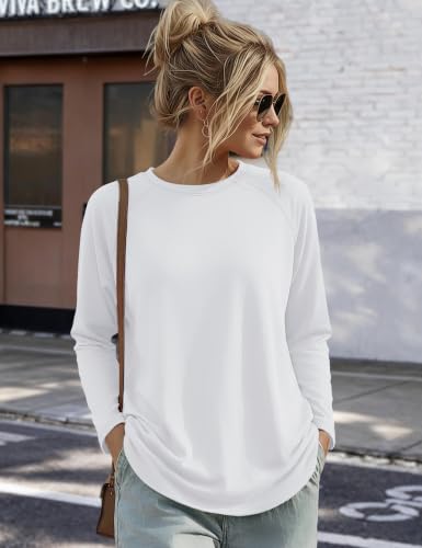 YUCOLEN Women's Long Sleeve Shirts Crew Neck Casual Cotton Basic Tee - color: White, size: Large