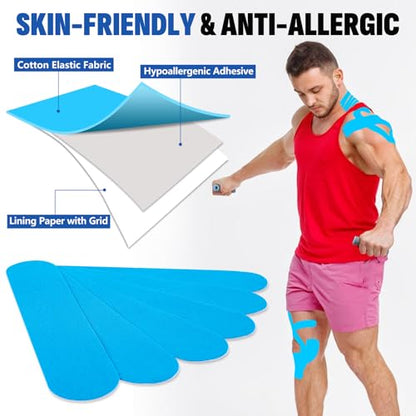 60 Pcs Light Blue Precut Kinesiology Tape Strips, 2in x 10in Kinetic Tape - color: Light Blue