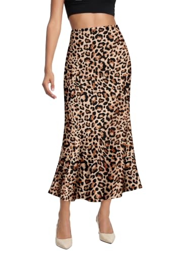 OFEEFAN Stain Skirts for Women Elegant High Waist Cocktail Party Midi Skirt - color: Leopard, size: Medium