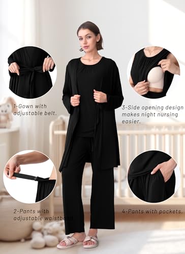 Rnxrbb 3 PCS Nursing Pajamas Robe Set Maternity Postpartum Pjs for Hospital - color: Black, size: Small