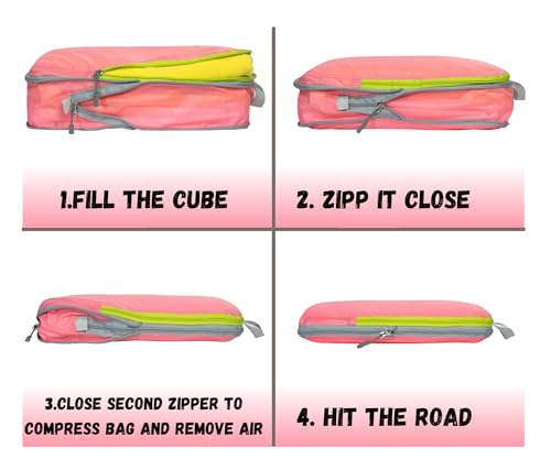 Compression Packing Cubes Set, Suitcase and Backpack Travel Organizer Bags - color: Pink Rose, size: 6Piece