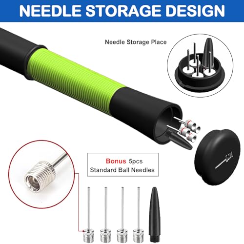 Ball Pump with Needle Storage, 5 Needles & Extension Hose for Sports Balls - color: Green