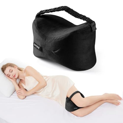 Black Knee Pillow for Side Sleepers - Memory Foam Between Leg Pillows for Sciatica Pain Relief, Hip/Leg/Ankle Support with Non-slip Strap, Spine Alignment for Pregnancy, Post-Surgery Recovery