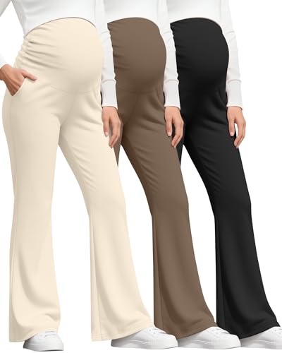 3 Pack Women's Maternity Pants Comfy Flare Trousers - color: Black, Coffee, Cream, size: Large