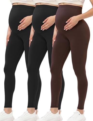 Buttergene 3 Pack Maternity Leggings with Elastic Band - color: 3pack Ink Black*2/Brown, size: Large