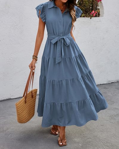 dowerme Women Ruffle Sleeve Button Belted Boho Maxi Dress - color: Grey Blue, size: XX-Large
