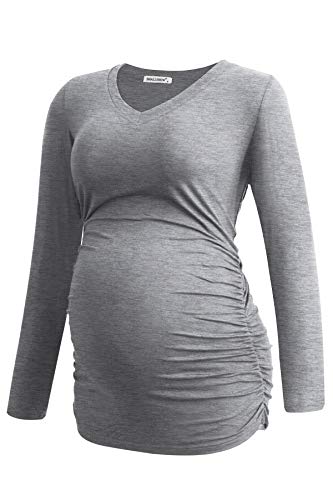 Smallshow Women's V-Neck Maternity Shirt Clothes Long Sleeve Ruched Pregnancy Top - color: Black-light Grey-white Stripe(3 Pack), size: X-Large