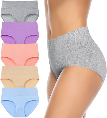 Womens Cotton Underwear High Waisted Full Coverage Briefs Ladies Panties - color: Light, 5-pack, size: Medium