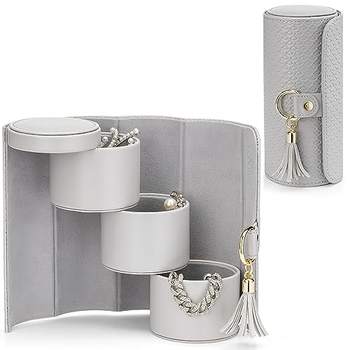 VLANDO Travel Jewelry Organizer, 3 Tier Roll Up Design, Hard Shell Storage - color: C.Grey