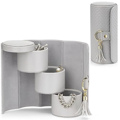 VLANDO Travel Jewelry Organizer, 3 Tier Roll Up Design, Hard Shell Storage - color: C.Grey