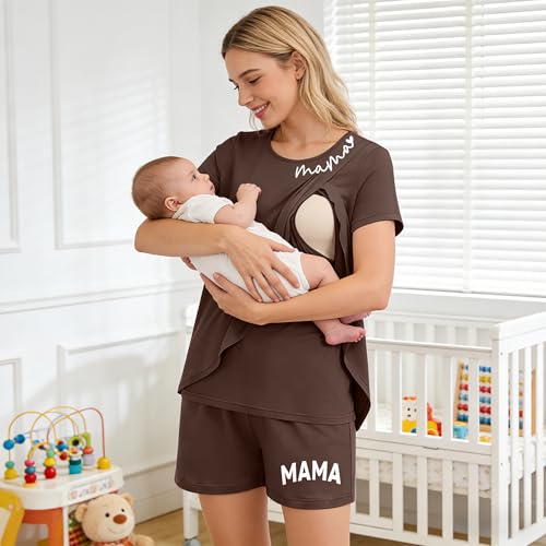 Maternity Nursing 2 Piece Pajama Set Double Layer Breastfeeding Sleepwear - color: A-brown, size: Small