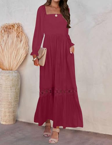ZESICA Women's 2026 Boho Long Sleeve Fall Maxi Dress - color: Plum, size: Small