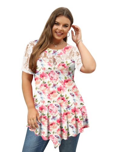 Magritta Women's Short Sleeve Crew Neck Plus Size Tunic Tops - color: Cherry, size: 1X