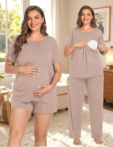 SWOMOG Women 3Pcs Maternity Pajama Set Nursing Pjs Pregnancy Set Breastfeeding Pjs Double Layer with Pockets - color: Ecru, size: Medium