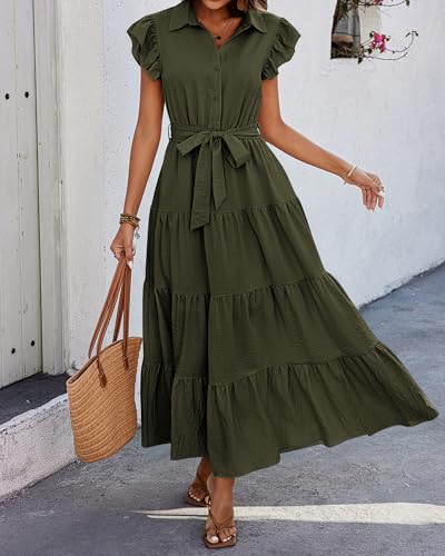 dowerme Women Ruffle Sleeve Button Belted Boho Maxi Dress - color: Army Green, size: Large