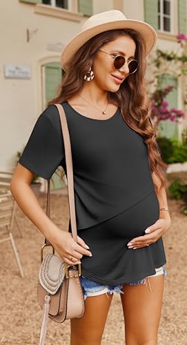 Women's Maternity Nursing Tops Soft Breastfeeding Shirts Pregnancy Tees - color: Black, size: Large