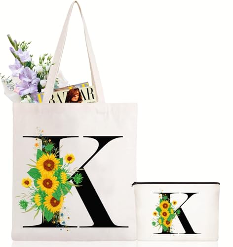 Andeiltech Initial Canvas Tote Bag Sunflower Letter Personalized Makeup Bag Monogrammed Gift for Bridesmaids Birthday Wedding - color: Sunflower Letter_k