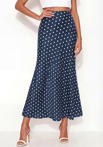 BTFBM Silk Midi Skirts for Women 2026 Summer Fall - color: Dot Navy White, size: Large