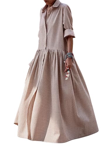 chouyatou Women's Retro Plaid Button Down Maxi Shirt Dress Long Sleeve Button Up Gingham Swing Long Dress - color: Coffee, size: Large
