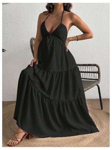 Milumia Women's Maternity Flowy Halter Maxi Dress Summer Sundress - color: Black, size: Medium