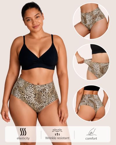 LEVAO 4-Pack Women Tummy Control Thong High Waist Seamless Underwear S-XXL - color: Black, Nude, Cool Gray Leopard Print, Caramel Leopard Print, size: X-Large